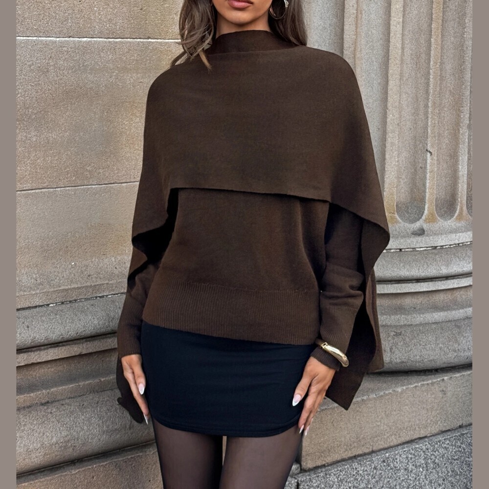 Brown Knit Cape Overlay Stand Collar Poncho Sweater